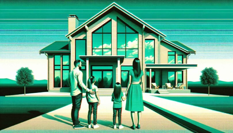 A digital artwork in surrealistic, glitch art style depicting a family of four standing outside a new modern home.