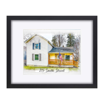 thumbnail of a framed watercolor painting of a two-story white house with blue shutters and a front porch.